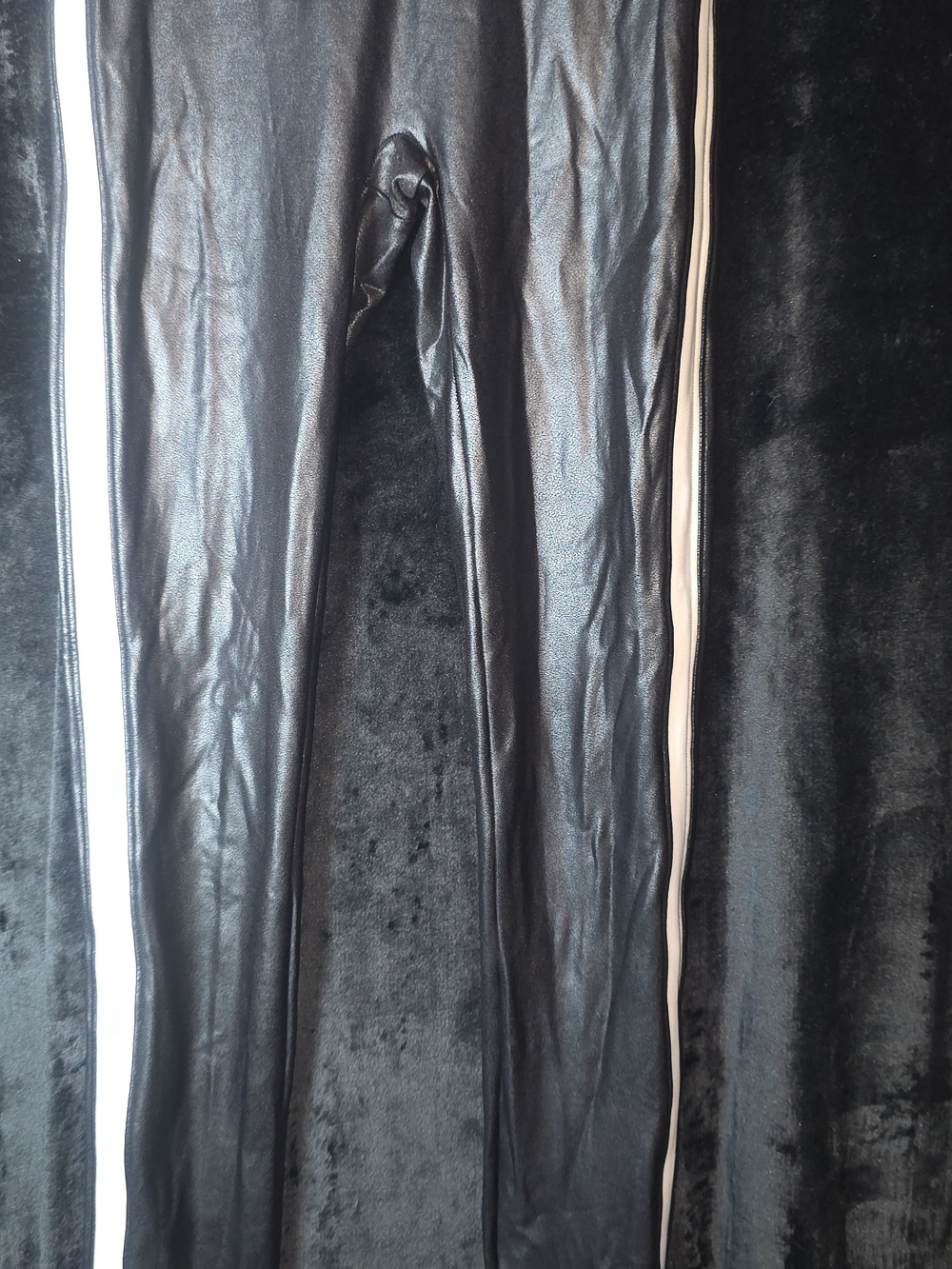 SPANX Black Faux Leather Leggings with White Side Stripes